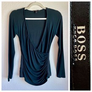 BOSS Hugo Boss Wrap Style Ruched Long Sleeve Top with Ribbon Detail in Black S